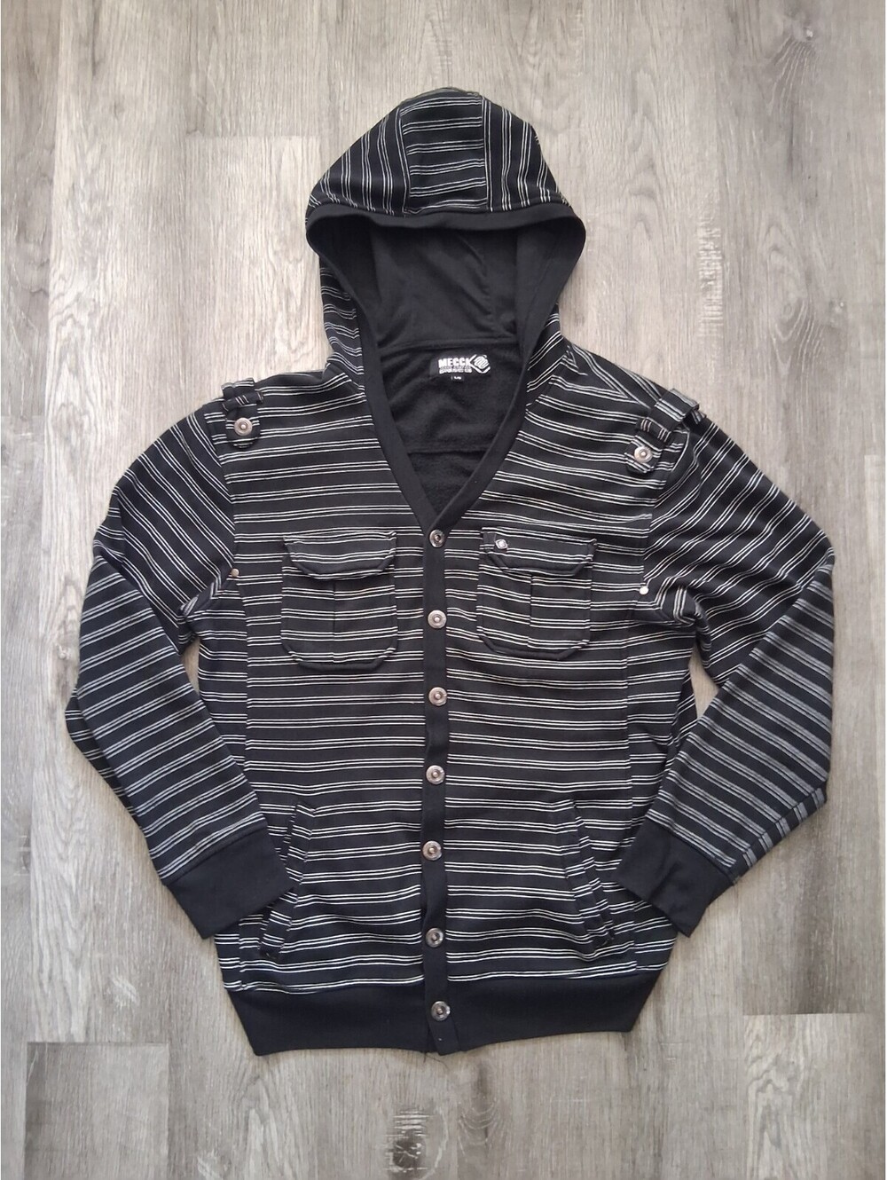 VTG Mecca DNM Mens Lg Black/Grey Striped Y2K Hip Hop Streetwear Button-Up Hoodie